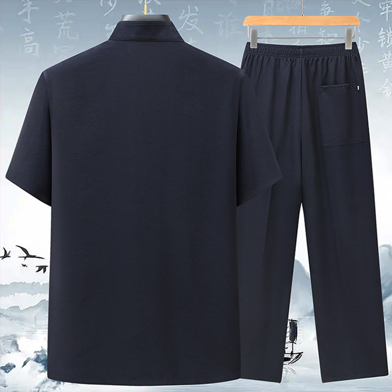 Fu Character Chinese Knotting Embroidery Tang Suit Traditional Short Sleeve Top Pants Clothing Men's Set