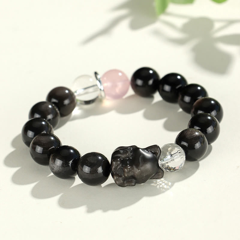 Natural Silver Sheen Obsidian Charm Bracelet with Rose Quartz, Aquamarine, Black & Clear Quartz