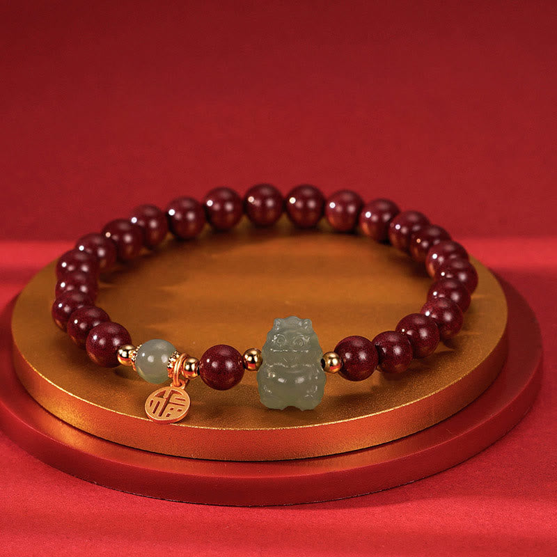 925 Sterling Silver Year of the Dragon Natural Cinnabar Hetian Jade Dragon Fu Character Ruyi As One Wishes Charm Blessing Bracelet
