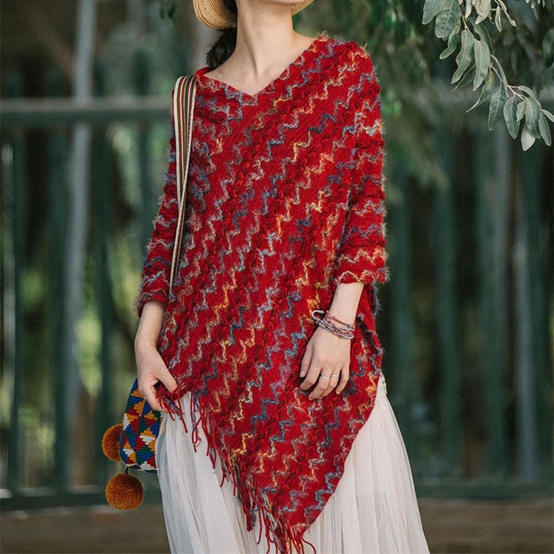 Tibetan Colorful Striped Shawl Tassels Pullover Winter Cozy Travel Scarf Wrap