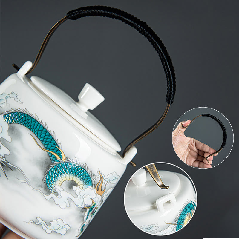 Vintage Dragon Mountain Fisherman Landscape White Porcelain Ceramic Kung Fu Teapot