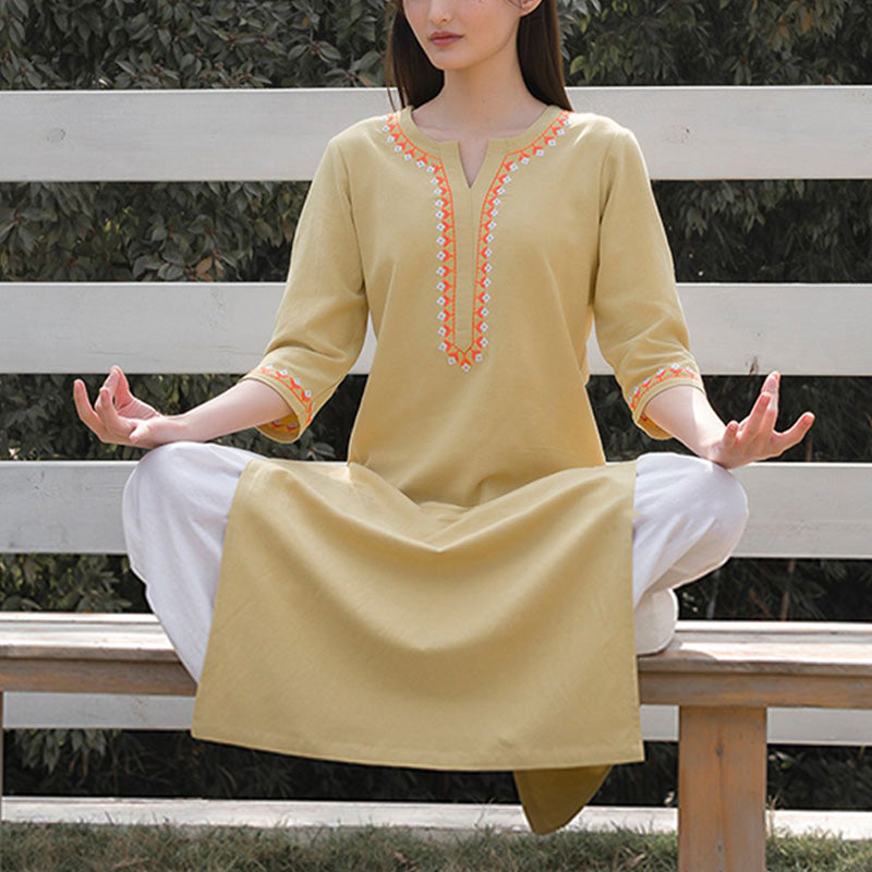2Pcs V-neck Embroidery Yoga Clothing Zen Meditation Cotton Linen Top Pants Women's Set
