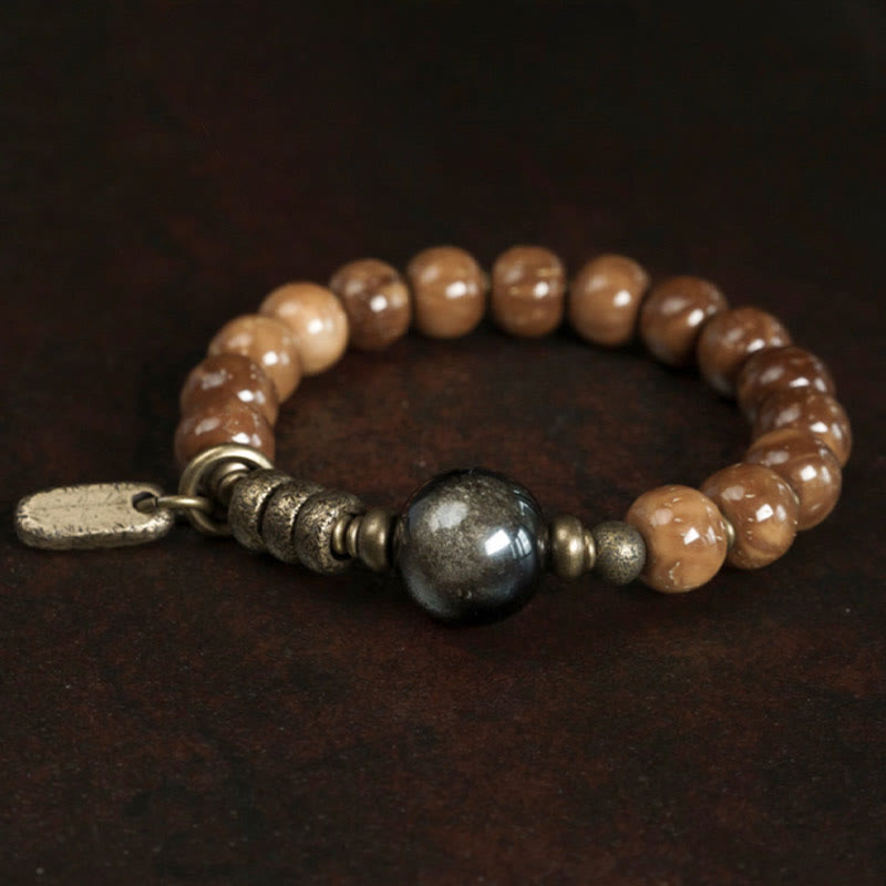 Kuka Seed Tiger Eye Gold Sheen Obsidian Brass Copper Wealth Luck Bracelet