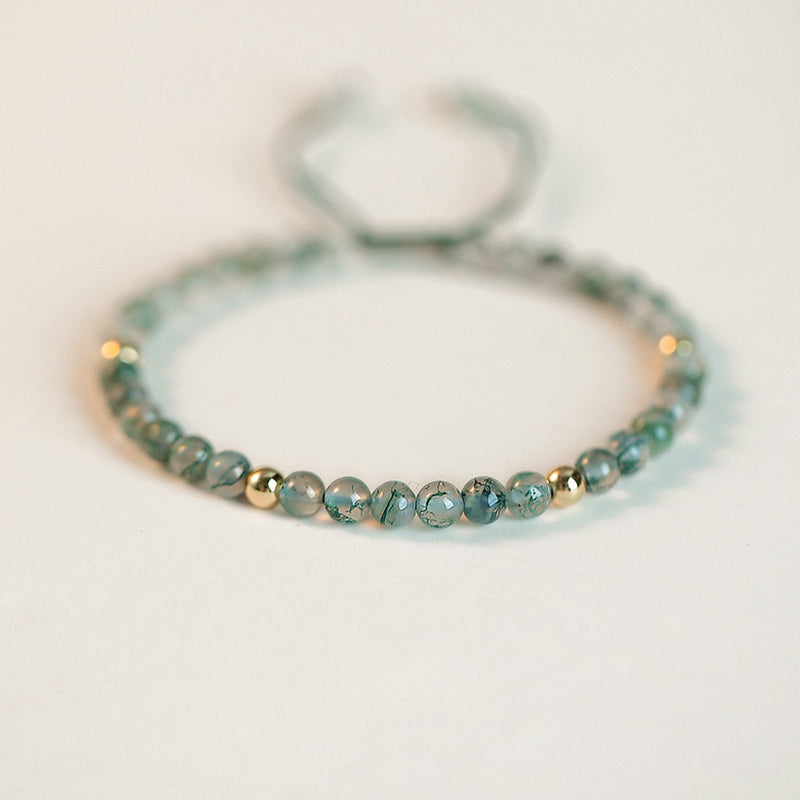 Moss Agate Beaded Bracelet with Copper Golden Accents, Adjustable Fit (14-19cm)