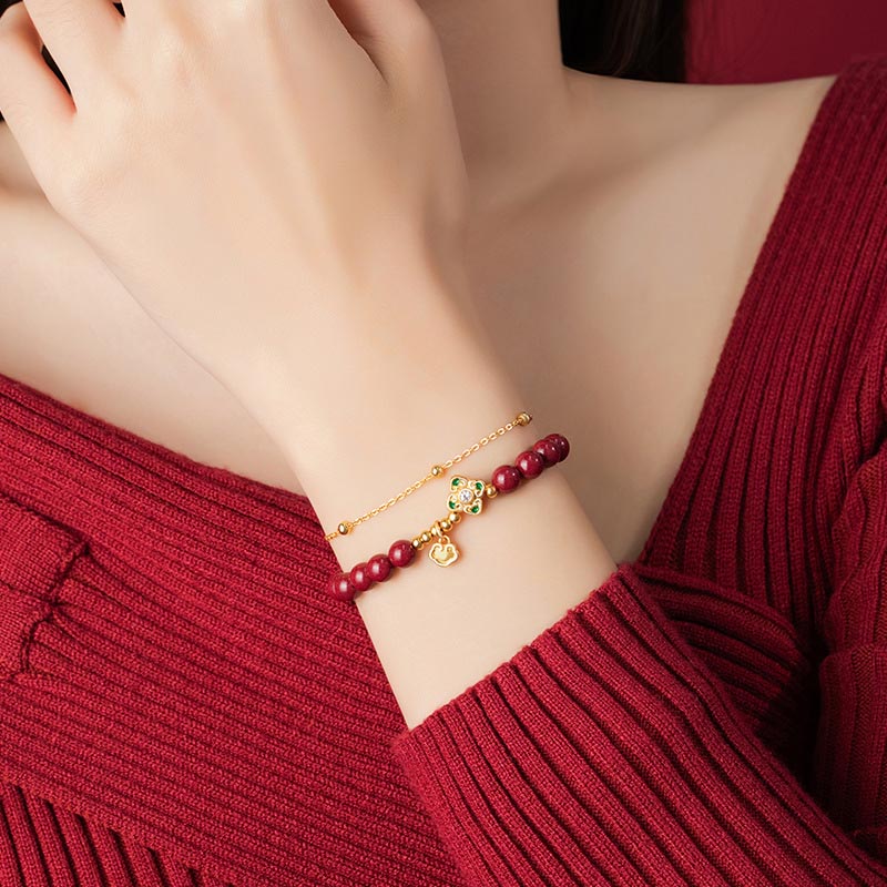 Natural Cinnabar & 925 Sterling Silver Four-Leaf Clover Longevity Lock Chain Bracelet