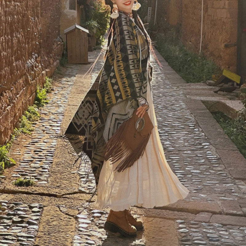 Tibetan Shawl Striped Geometric Pattern Winter Cozy Travel Tassel Scarf Wrap