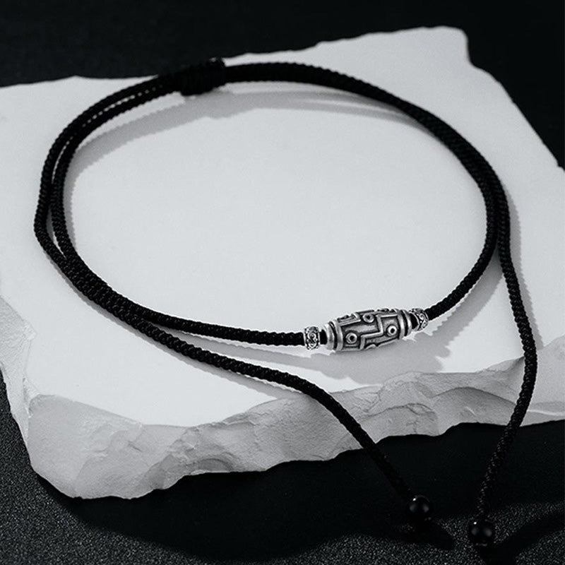 999 Sterling Silver Nine-Eye Dzi Bead Pattern Protection Rope Necklace Pendant