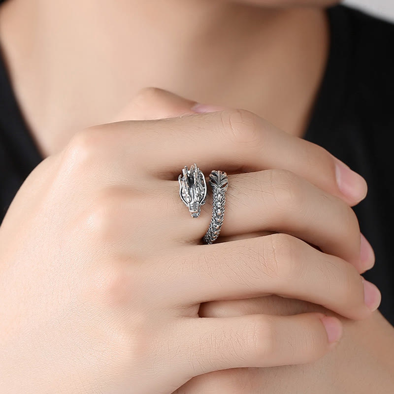 925 Sterling Silver Vintage Dragon Success Protection Strength Adjustable Ring