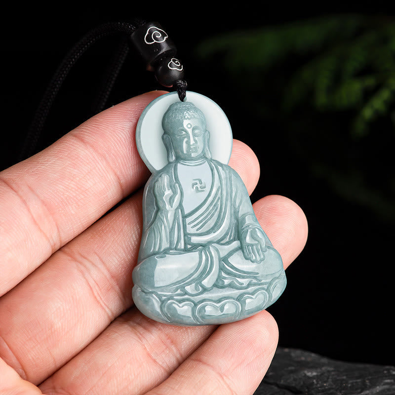 Amitabha Buddha Natural Jade Lotus Amulet Compassion String Necklace Pendant