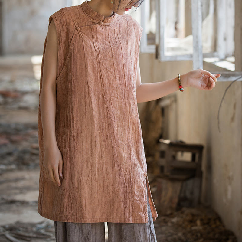 Handmade Tie Dye Ramie Linen Frog-Button Sleeveless Vest