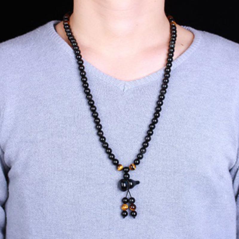 Natural Black Obsidian Rainbow Obsidian Gourd Blessing Bracelet Mala