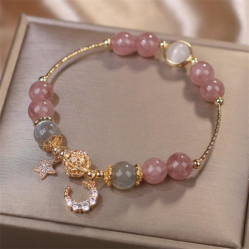 Celestial Strawberry Quartz, Moonstone & Cat's Eye Moon Star Gemstone Bracelet