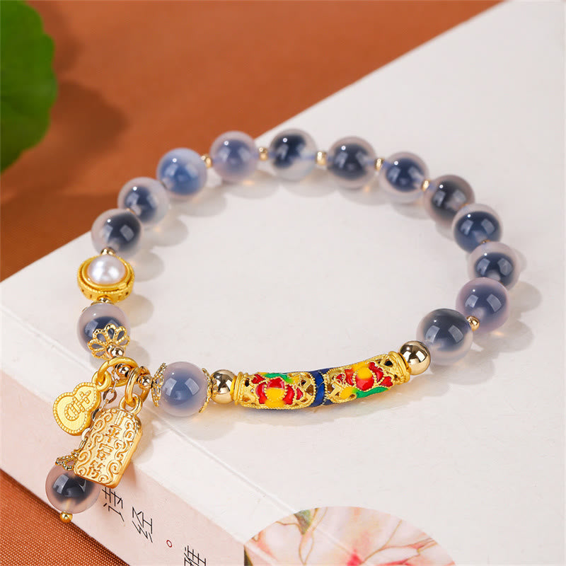Natural Blue Candy Agate and Copper Amulet Beaded Strength Bracelet