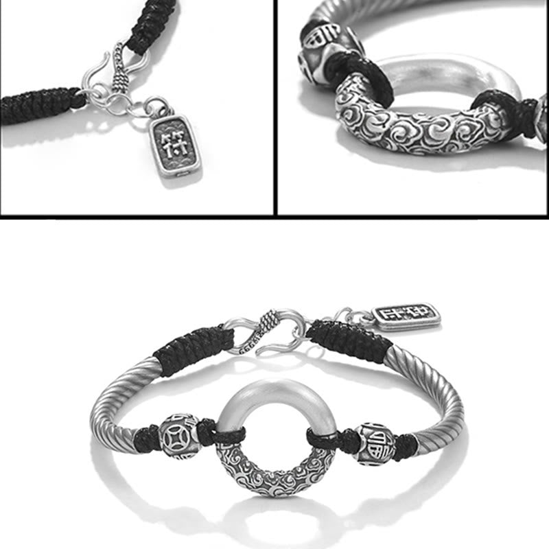 999 Sterling Silver Fu Character Peace Buckle Copper Coin Auspicious Clouds Fortune Bracelet