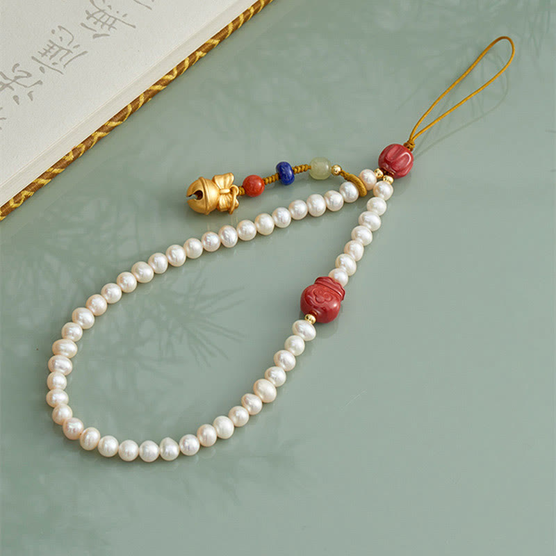 Natural Pearl Cinnabar Money Bag Bell Gold Swallowing Beast Dancing Lion Healing Phone Hanging Decoration