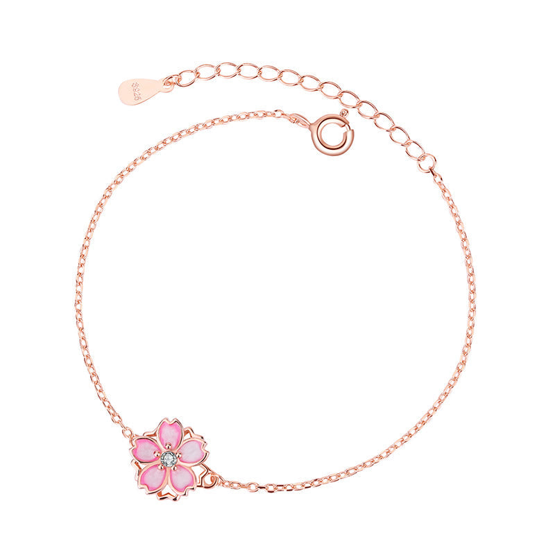 925 Sterling Silver Cherry Blossom Blessing Chain Bracelet Rotatable Ring