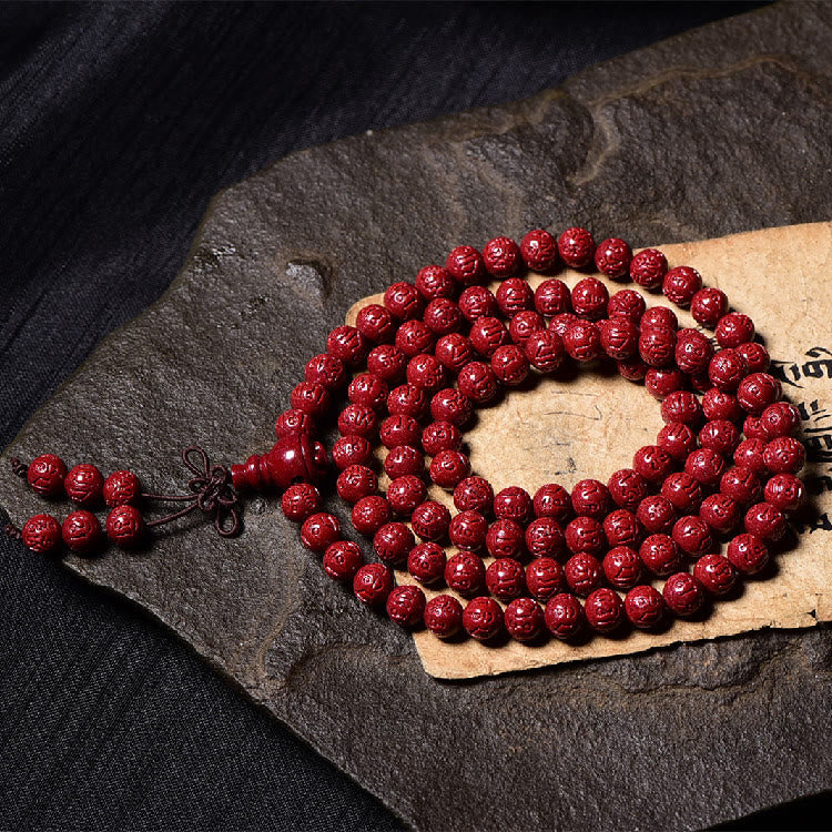 108 Mala Beads Cinnabar Om Mani Padme Hum Pattern Engraved Blessing Bracelet