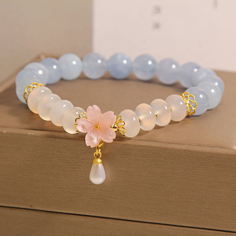 Aquamarine & White Agate Pearl Abacus Bead Bracelet with Floral Charm