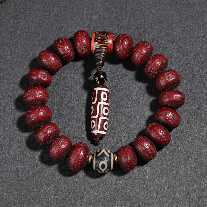 Tibet Bodhi Seed and Agate Dzi Bead Wrist Mala with Guardian Lion