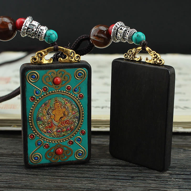 Tibet God Of Wealth Money Tree Golden Phoenix Thangka Ebony Peace Necklace Pendant