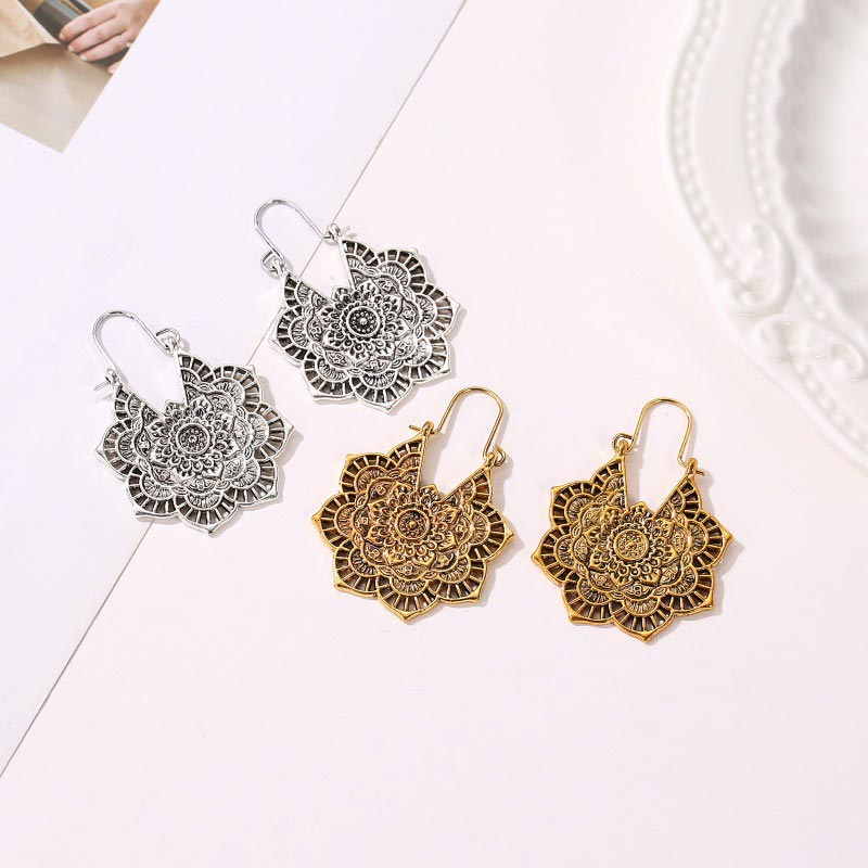 Tibetan Lotus Engraving Copper Blessing Drop Earrings