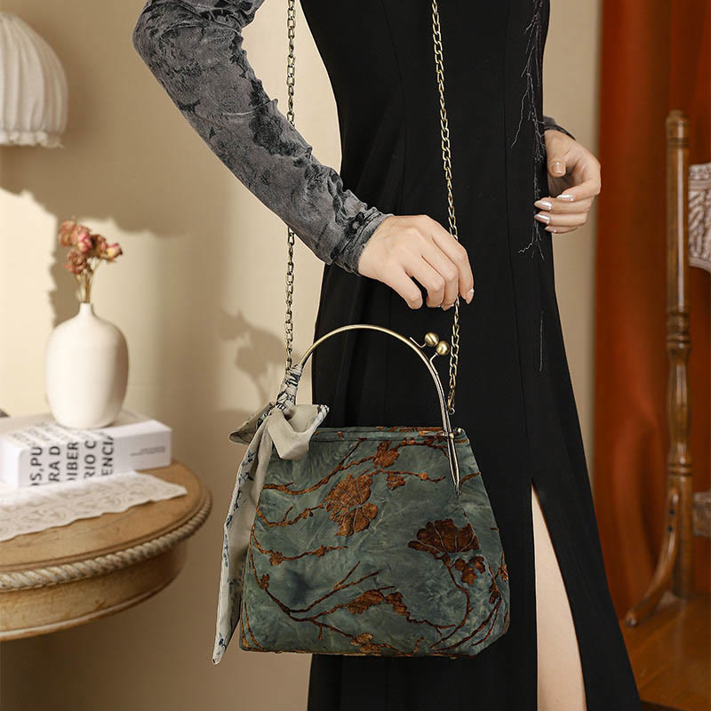 Velvet Jacquard Metal Chain Crossbody Bag Handbags