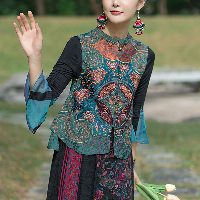 Vintage Style Embroidery Flower Tang Suit Design Sleeveless Vest