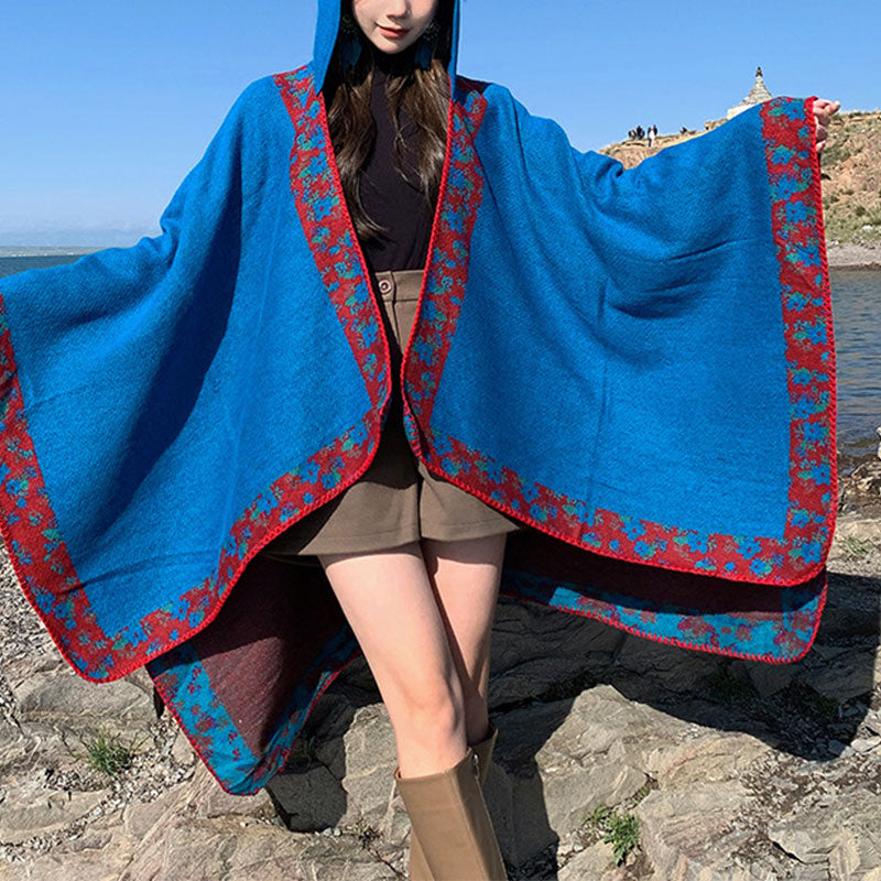 Tibetan Shawl Border Small Floral Flower Hooded Cloak Winter Cozy Travel Scarf Wrap