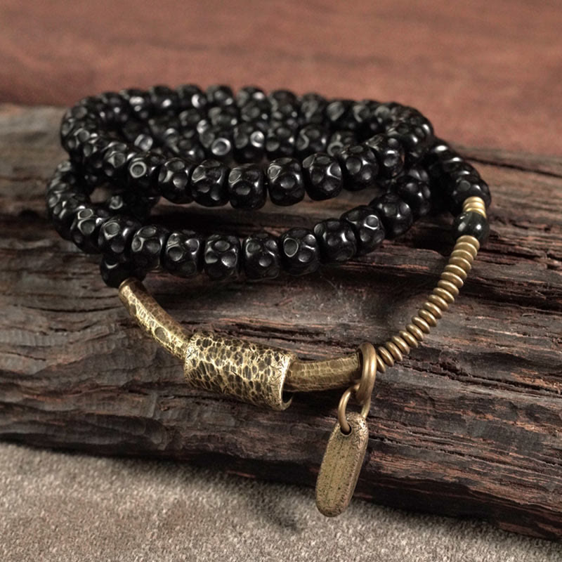 Retro Coconut Shell with Brass and Copper Accents Triple Wrap Bracelet