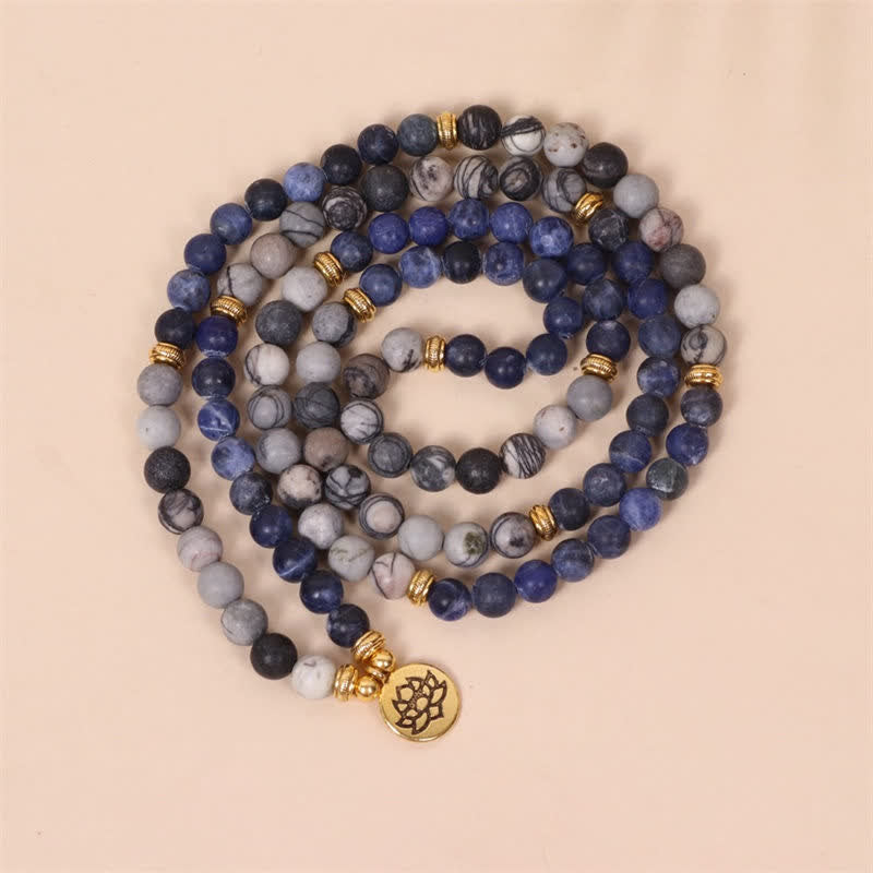 108 Mala Beads Sodalite Zebra Jasper Crystal Lotus Strength Bracelet