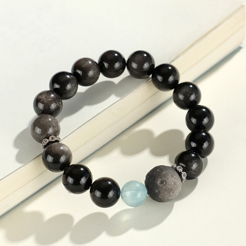 Natural Silver Sheen Obsidian Charm Bracelet with Rose Quartz, Aquamarine, Black & Clear Quartz