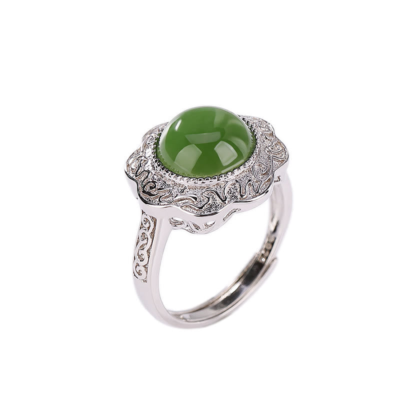 925 Sterling Silver Hetian Cyan Jade Flower Design Adjustable Ring