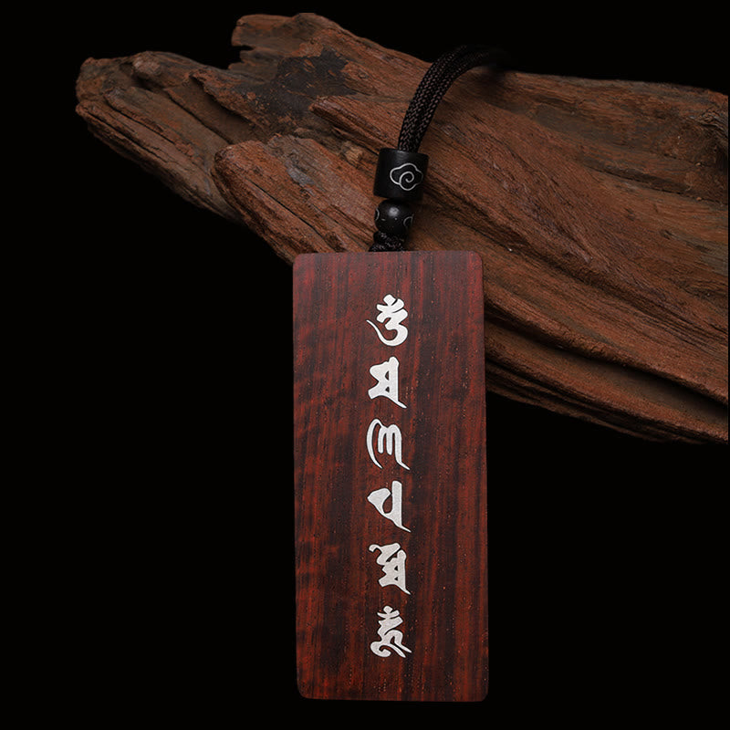 999 Sterling Silver Small Leaf Red Sandalwood Ebony Wood Om Mani Padme Hum Inlaid Protection Necklace Pendant