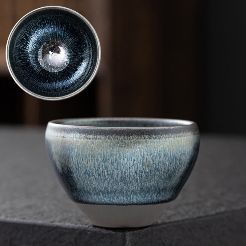 Vintage Chinese Silver Blue Jianzhan Kiln Change Porcelain Teacup Kung Fu Tea Cup