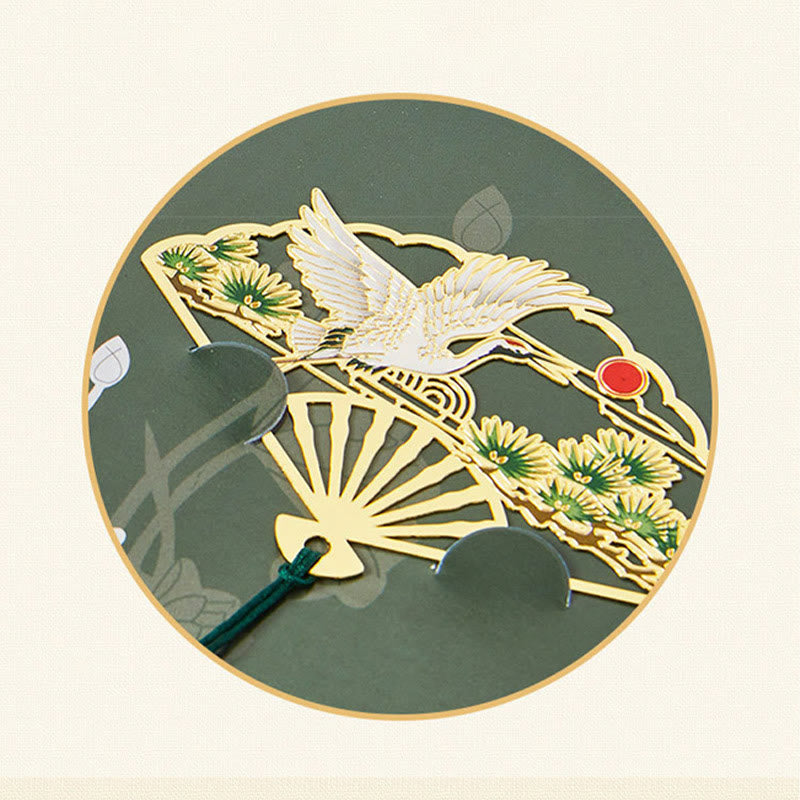 Traditional Butterfly Lotus Flower Crane Dragon Phoenix Fox Koi Fish New Beginning Metal Brass Hollow Fan Bookmarks