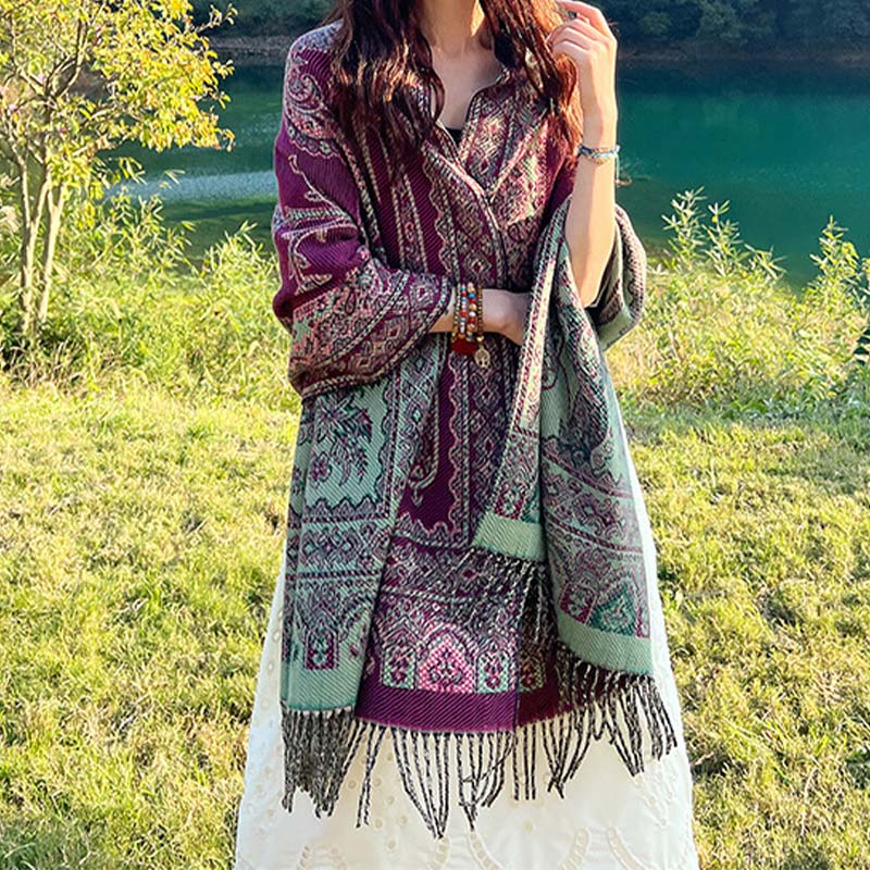 Vintage Tibetan Leaves Pattern Design Shawl Cozy Travel Scarf Wrap