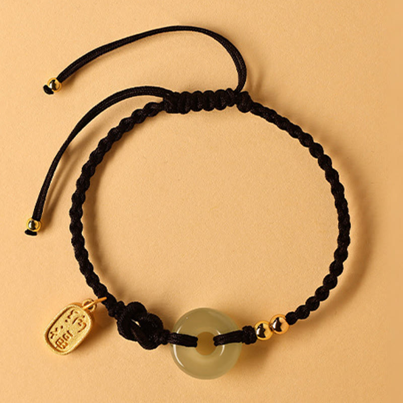 Hetian Jade Ping An Kou & Sterling Silver Fu Symbol Adjustable Cord Bracelet