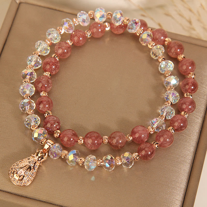 Strawberry Quartz and Clear Quartz Wealth Bag Copper Charm Bracelet for Women