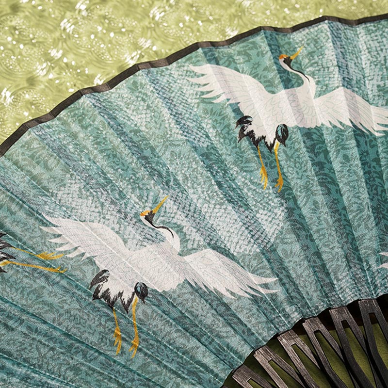 Vintage Blue White Crane Pattern Handheld Silk Bamboo Folding Fan