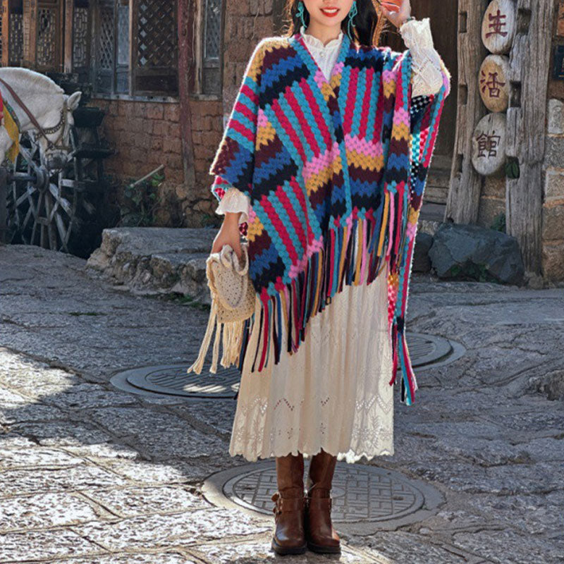 Tibetan Shawl Candy Color Braided Pattern Winter Cozy Travel Knitted Tassel Scarf Wrap