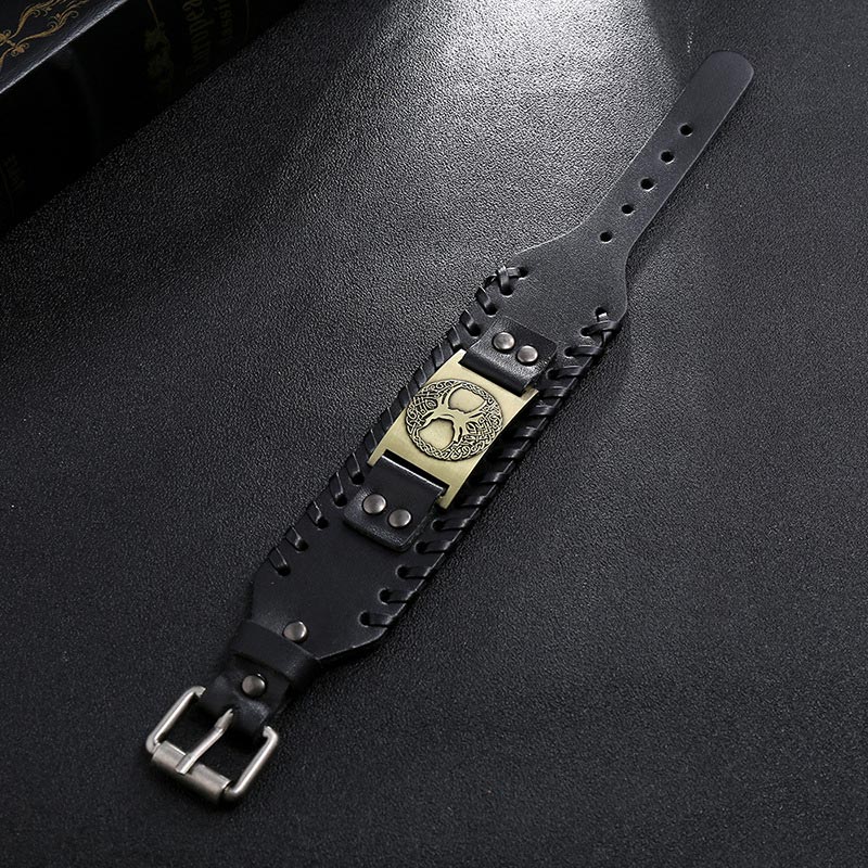Handmade Tree of Life Copper Wide Leather Cuff Bracelet for Men and Women