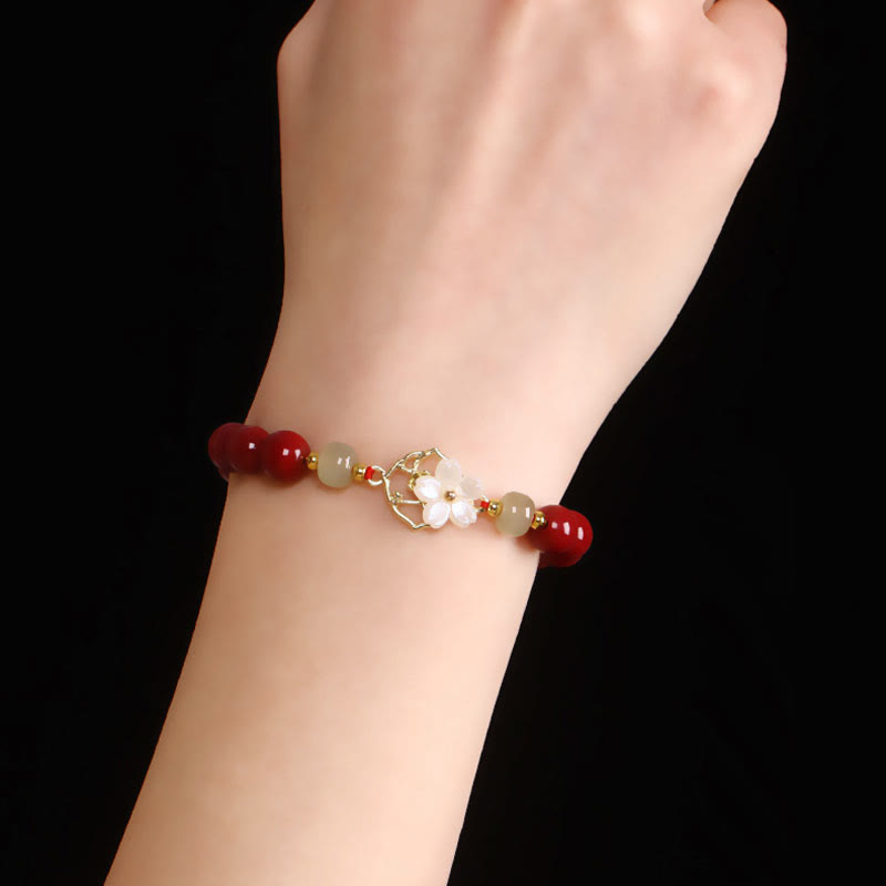 Natural Cinnabar Jade Beaded Tridacna Stone Flower Blessing Bracelet