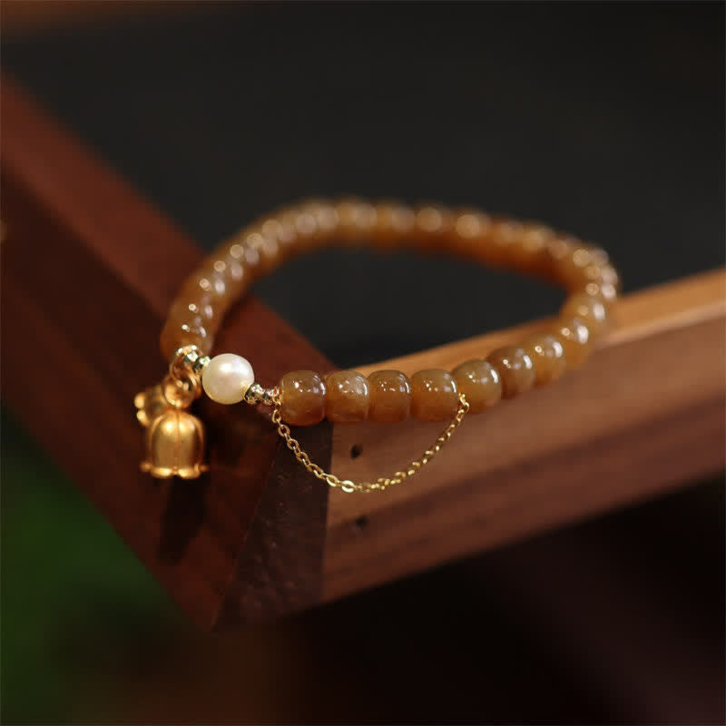 Natural Hetian Jade and Pearl Lily of the Valley 925 Sterling Silver Gold Plated Charm Bracelet