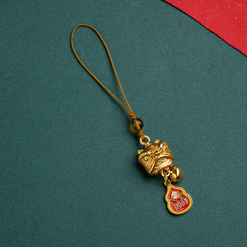 Dancing Guardian Lion Brass Copper Phone Charm with Ping An Kou & Ruyi Symbols