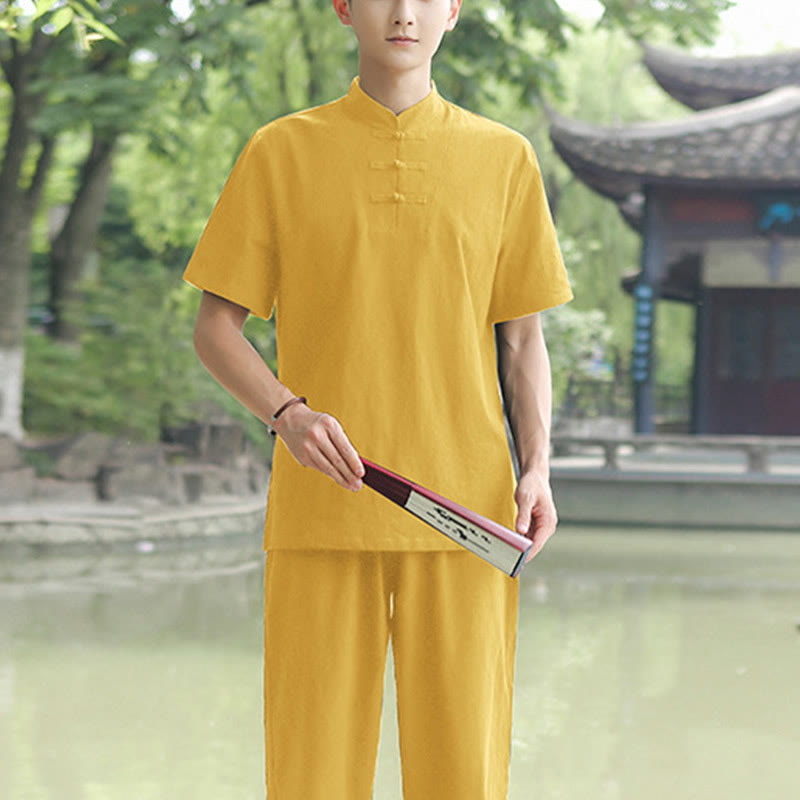 2Pcs Men's Short Sleeve Shirt Top T-Shirt Pants Meditation Zen Tai Chi Cotton Linen Clothing Set