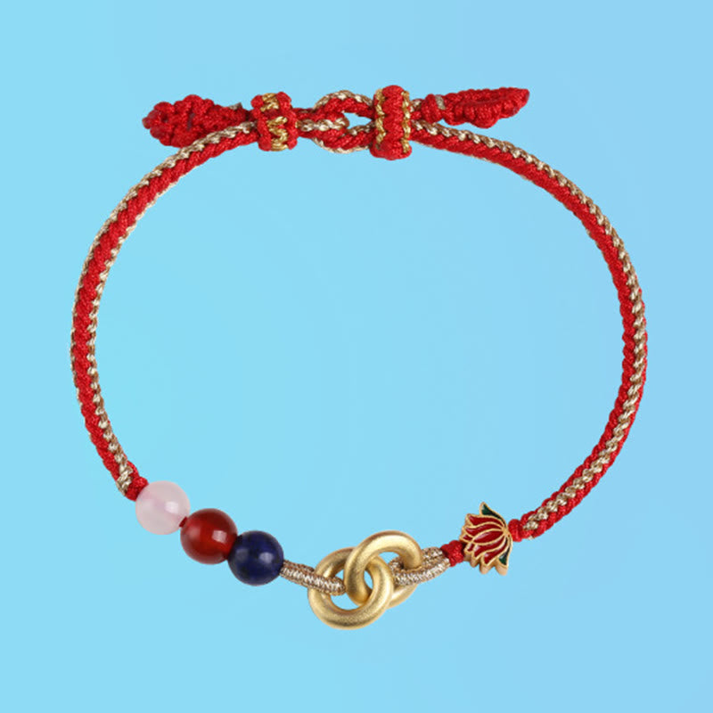 925 Sterling Silver Double Ping An Kou Lotus Jade Red String Bracelet