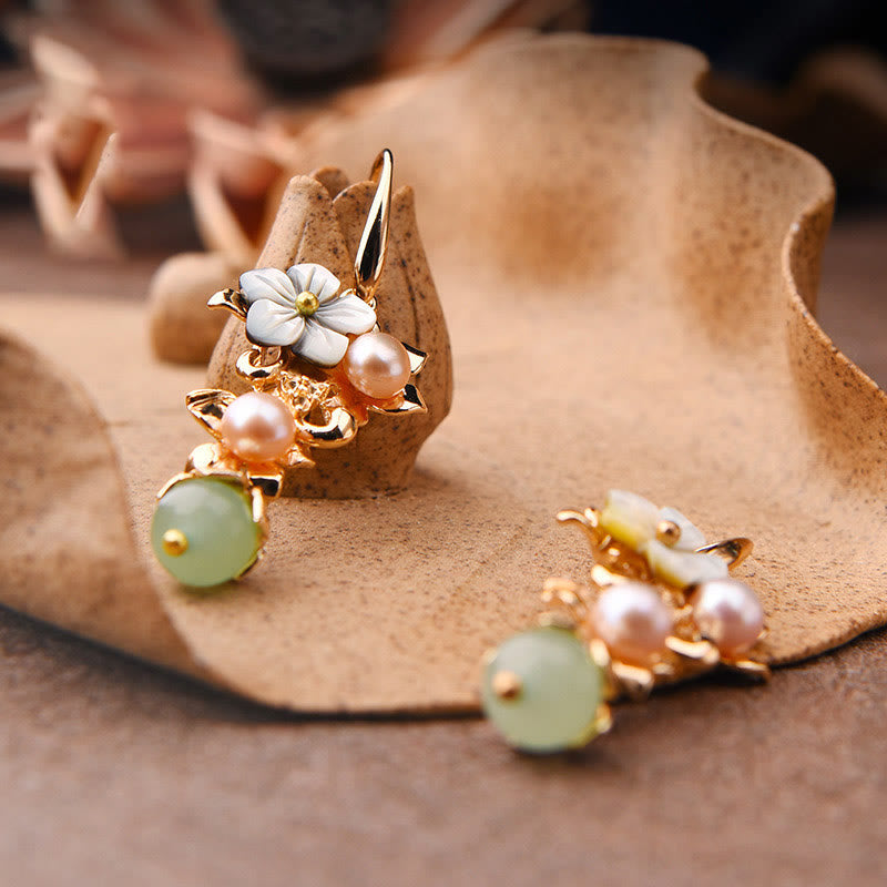14K Gold Plated Tridacna Flower Pearl and Gemstone Drop Earrings