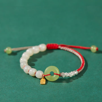 Hand-Woven Hetian Jade Ping An Kou Gold Plated Sterling Silver Beaded Bracelet