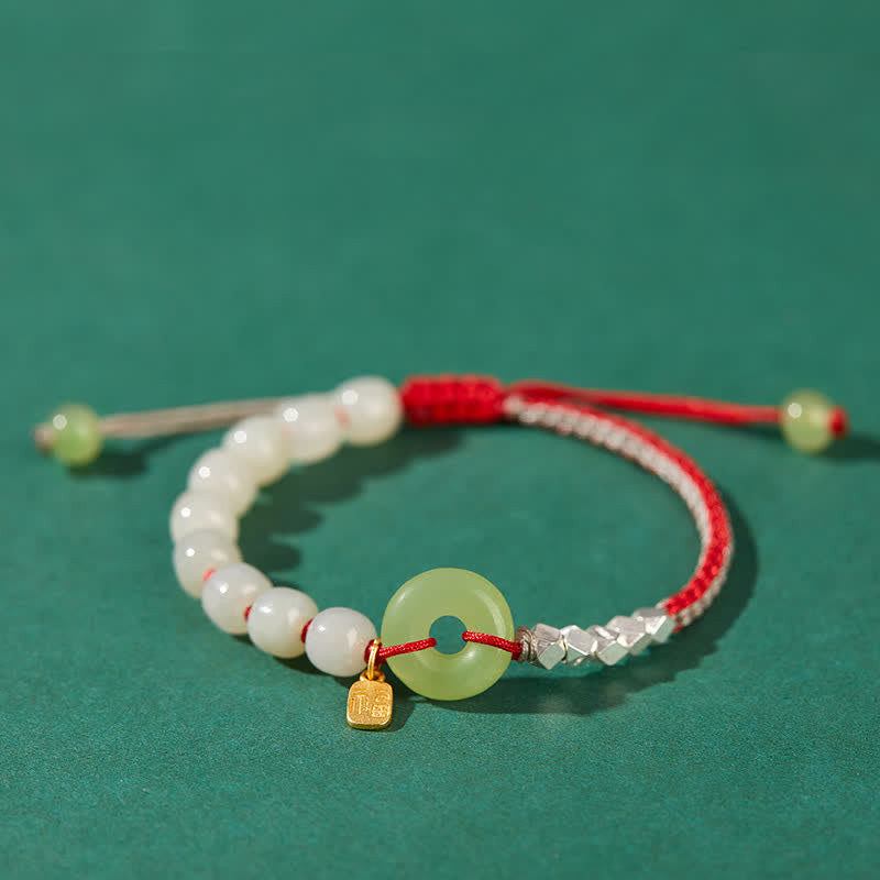 Hand-Woven Hetian Jade Ping An Kou Gold Plated Sterling Silver Beaded Bracelet