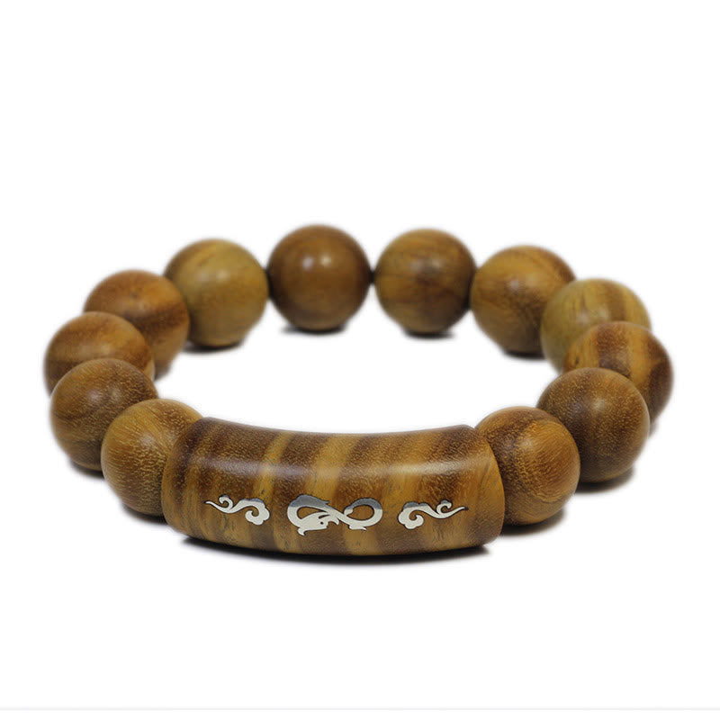999 Sterling Silver Green Sandalwood Om Mani Padme Hum Dragon Phoenix Dharmachakra Inlaid Peace Bracelet